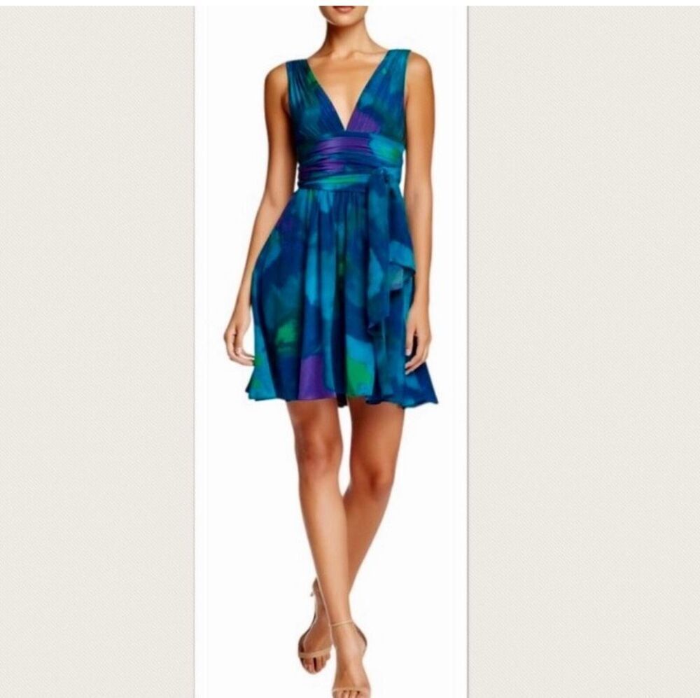 Halston Heritage Midnight Water Mirage sleeveless fit and flare 100% silk dress